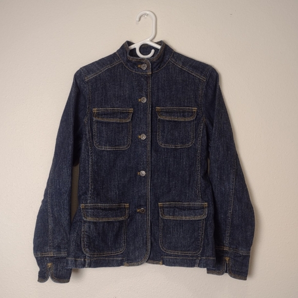 Eddie Bauer Collarless Utility Pocket Button Front Dark Wash Denim Jacket Size S - Picture 1 of 14